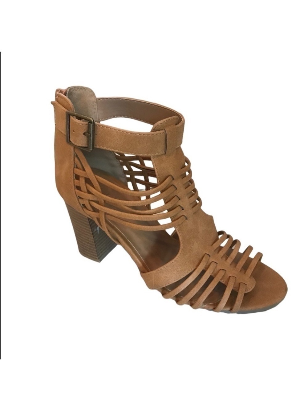 Charlotte Russe Tan Gladiator Zip Back Strap Block Heel Sandals Size 7